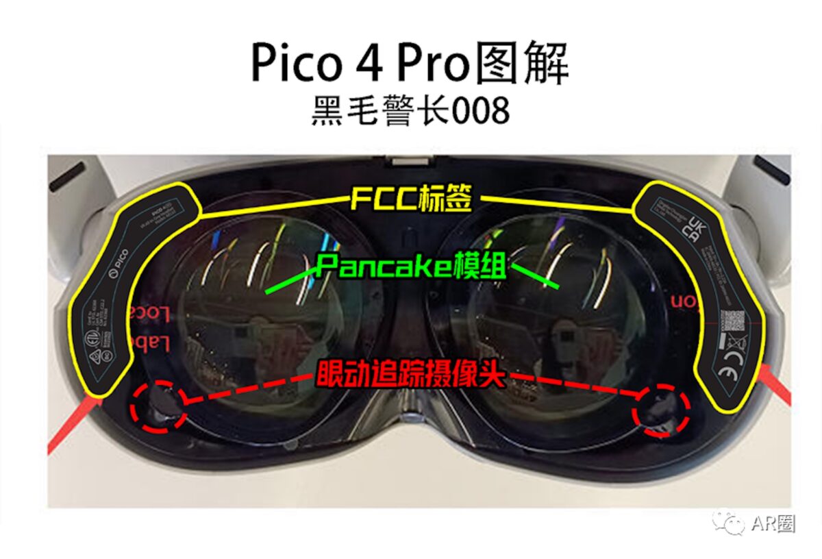 Ein Bild des Headset-Inneren mit markierten Pancake-Linsen und Eye-Tracking-Kameras.
