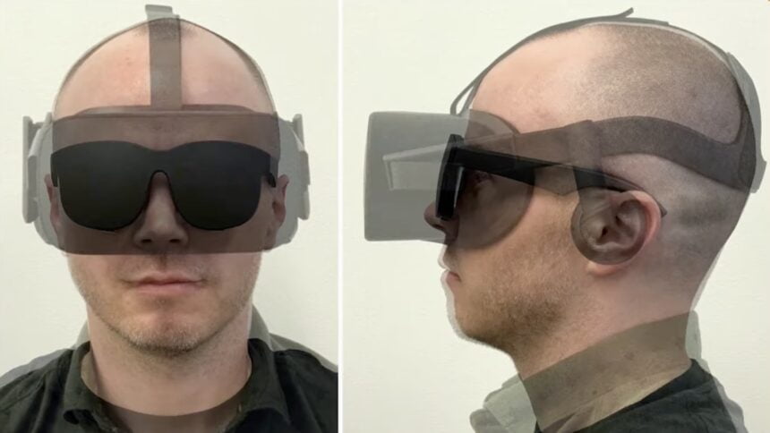 Ein Mann mit Holocake-1-Protoyp und leicht transparent darüber gelegt eine VR-Brille mit herkömmlichem Formfaktor.