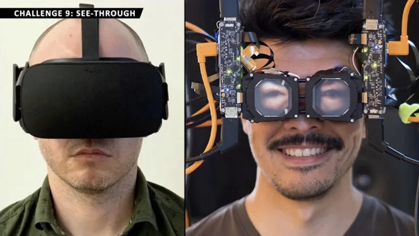 Ein Mann mit einer herkömmlichen VR-Brille und ein Mann mit dem Reverse-Passthrough-Prototyp.