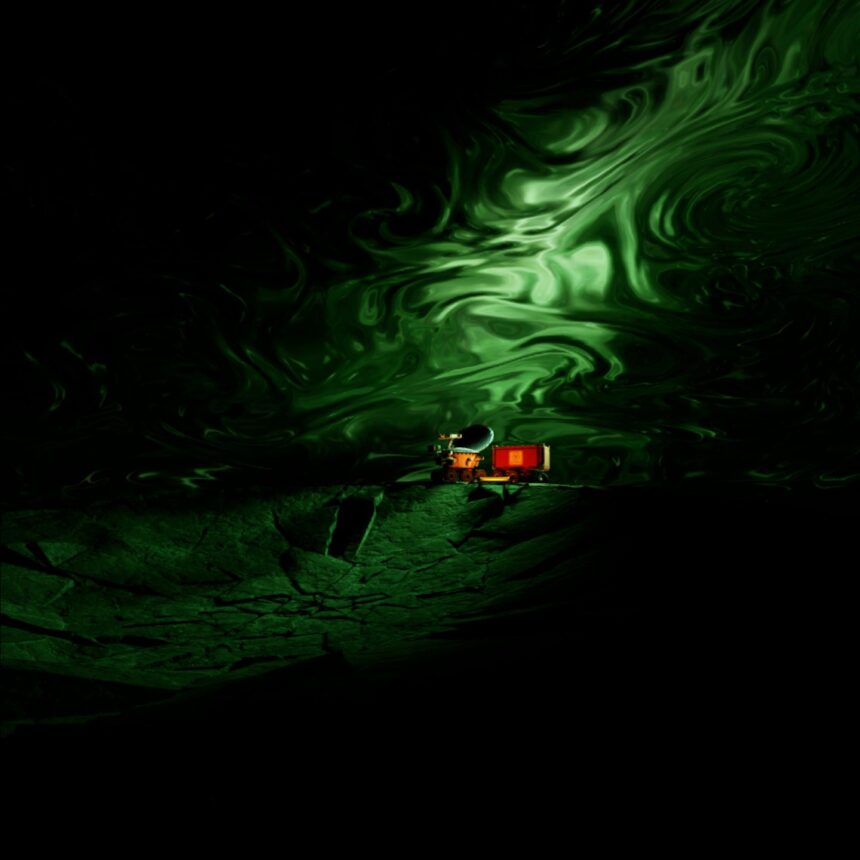Das Bild zeigt eine übernatürliche, grün glühende Vision auf einem Planetenkrater.