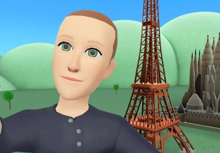Ein digitaler Avatar von Mark Zuckerberg macht ein Selfie vor einem digitalen Miniatur-Eiffelturm im Hintergrund.