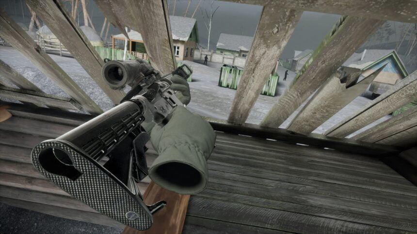 Ein Spielender schießt mit dem Scharfschützengewehr auf eine pechschwarze Gegnerfigur.