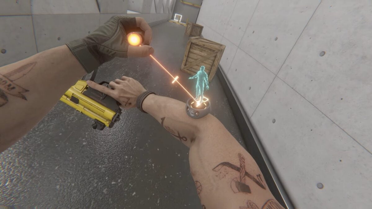 Der/die Spielende wählt einen neuen Avatar an einem Sci-Fi-Gerät, das am Arm befestigt ist.
