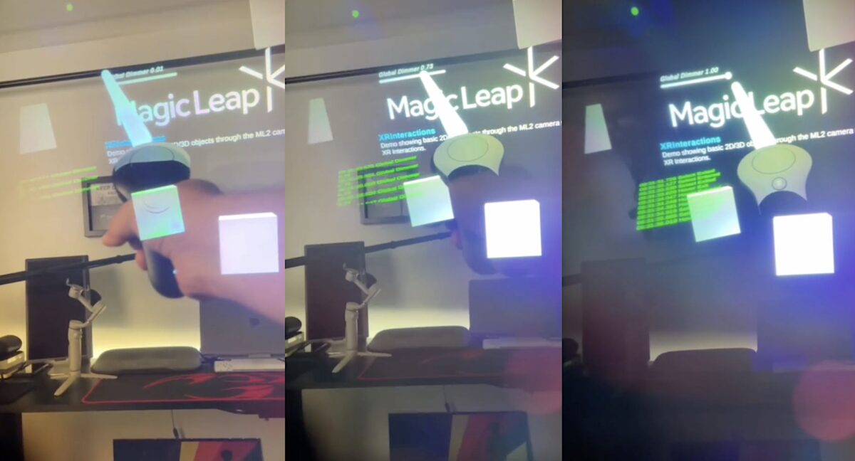 Drei Bilder aus einem Video, die unterschiedliche Dimming-Stufen bei Magic Leap 2 zeigen.