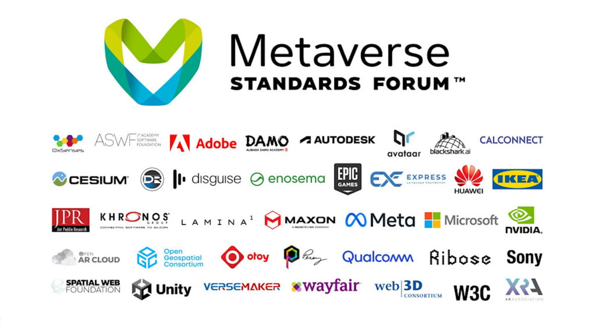 Logo des Metaverse Standards Forum, darunter Logos und Schriftzüge von Mitgliedern.
