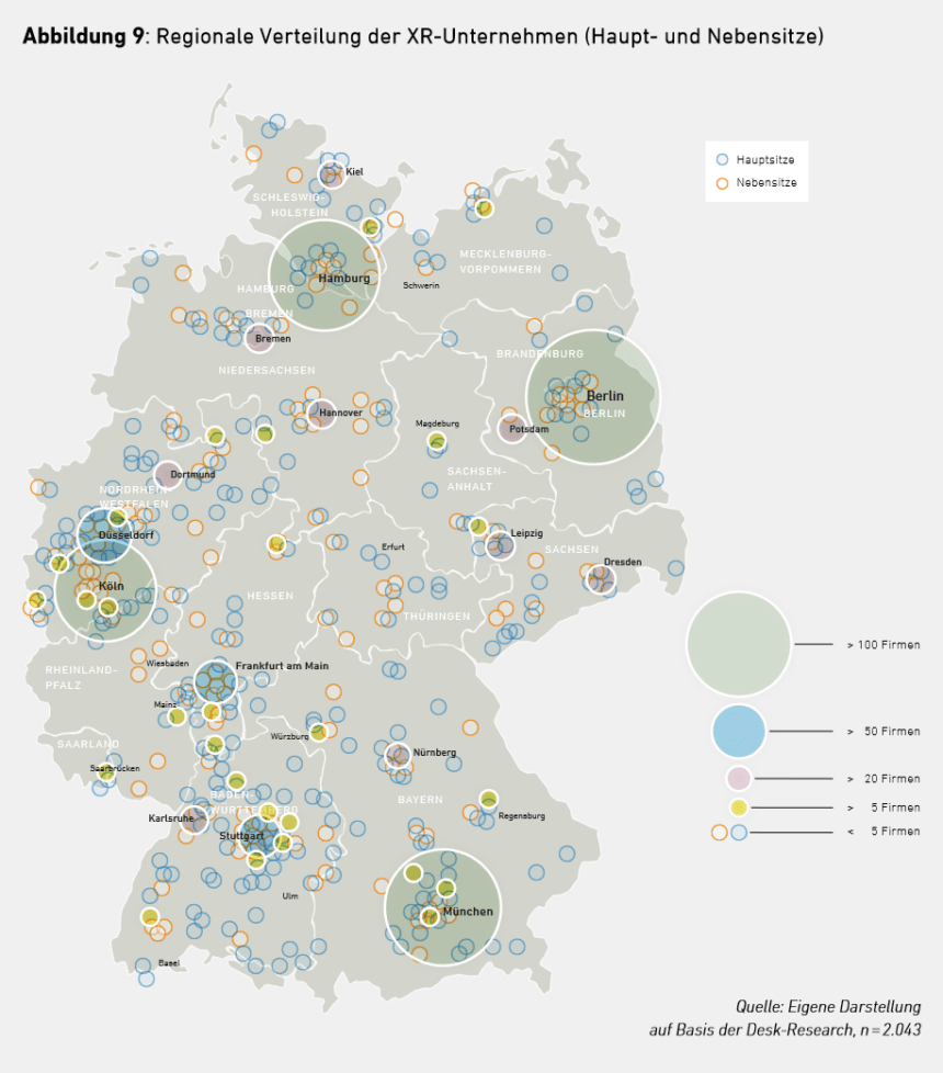 Eine Deutschlandkarte mit regionaler Verteilung der XR-Unternehmen (Haupt- und Nebensitze)