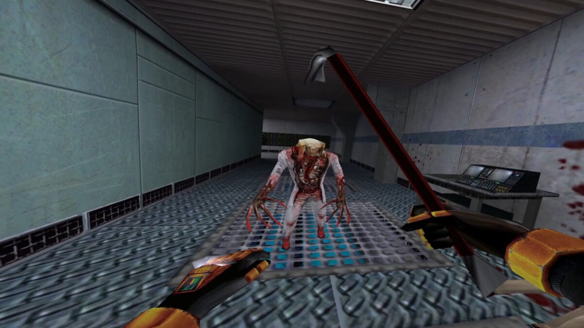 Spieler:in greift einen Zombie mit der Brechstange an.