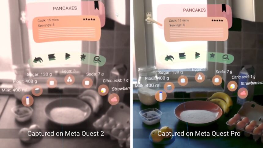 Bildvergleich einer Kochszene samt UI-Anweisungen: Links Passthrough mit Quest 2, rechts (schärfer und in Farbe) mit Quest Pro.