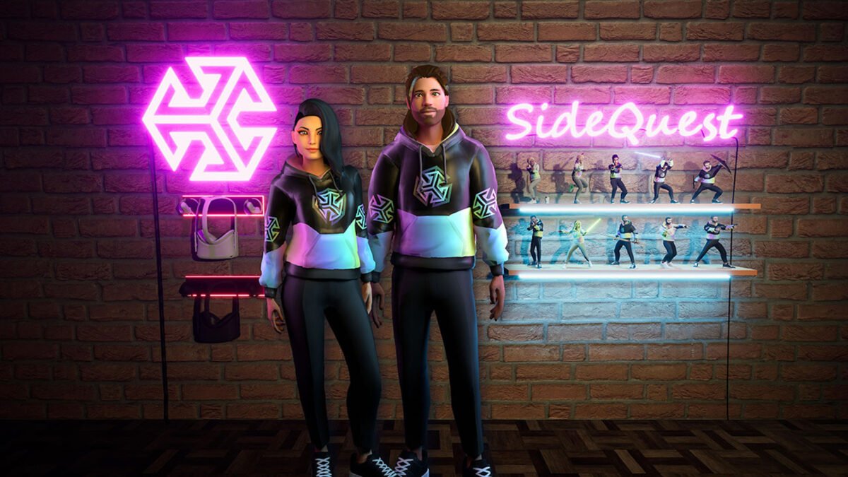 Ready-Player-Me-Avatare der Sidequest-Gründer Shane und Orla Harris in einem virtuellen Raum mit ausgestellten Headsets und Sidequest-Logo.