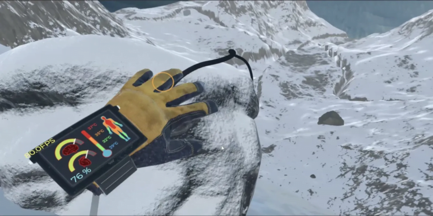Ein VR-Spieler klettert eine verschneiten Berg hinauf.