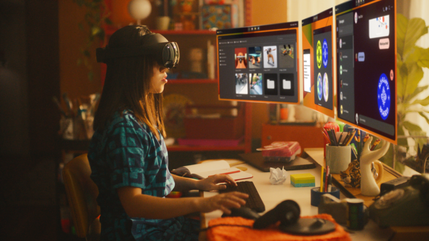 Eine Frau arbeitet mit Meta Quest Pro und sieht drei virtuelle Bildschirme vor sich.