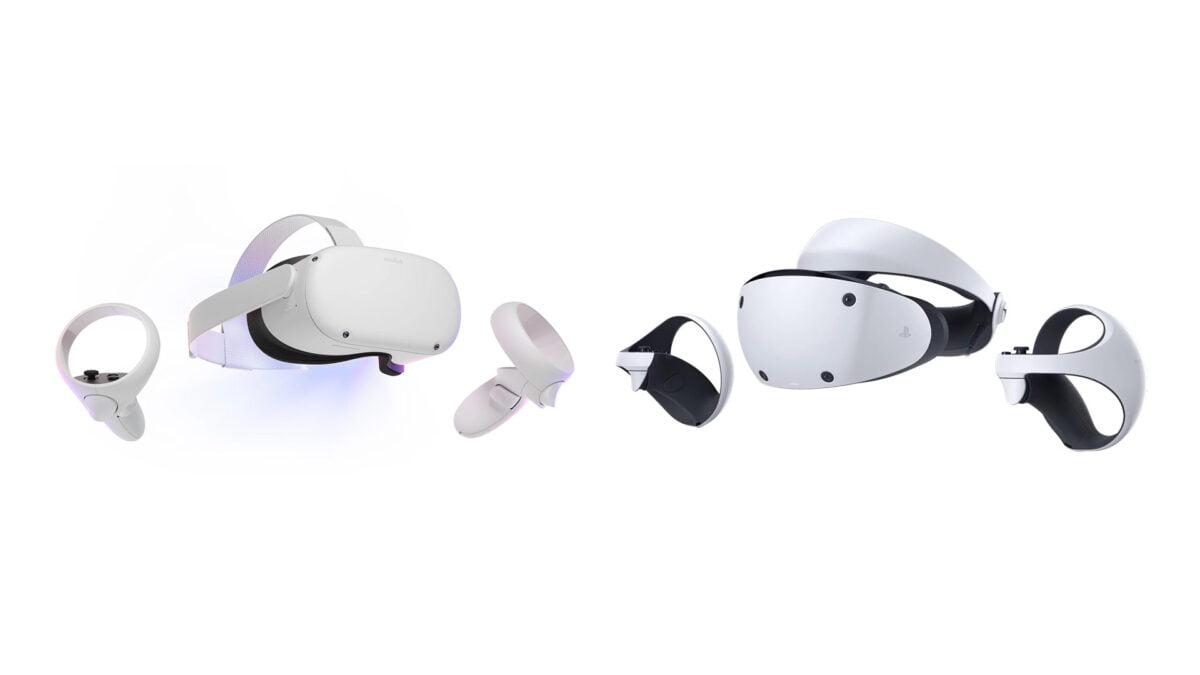 Eine Meta Quest 2 und Playstation VR2 schweben einander gegenüber vor weißem Hintergrund.