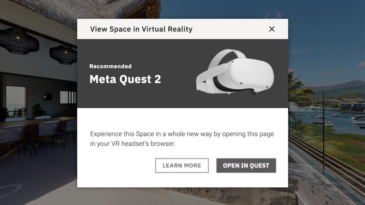 Smartphone-Webseite von Matterport mit Web-Launch-Interface, das den Wechsel in VR ermöglicht.