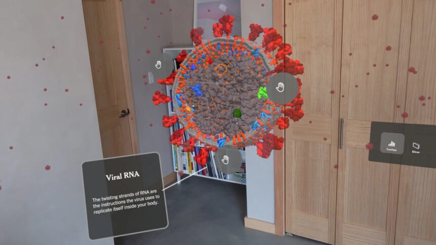 Covid-19-Partikel in einer AR-Visualisierung der New York Times im realen Raum, vor einem Schrank und einer Zimmertür
