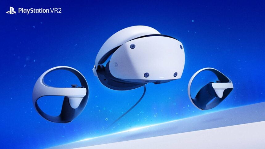 Playstation VR 2 mit Controllern schwebend vor blauem Hintergrund.