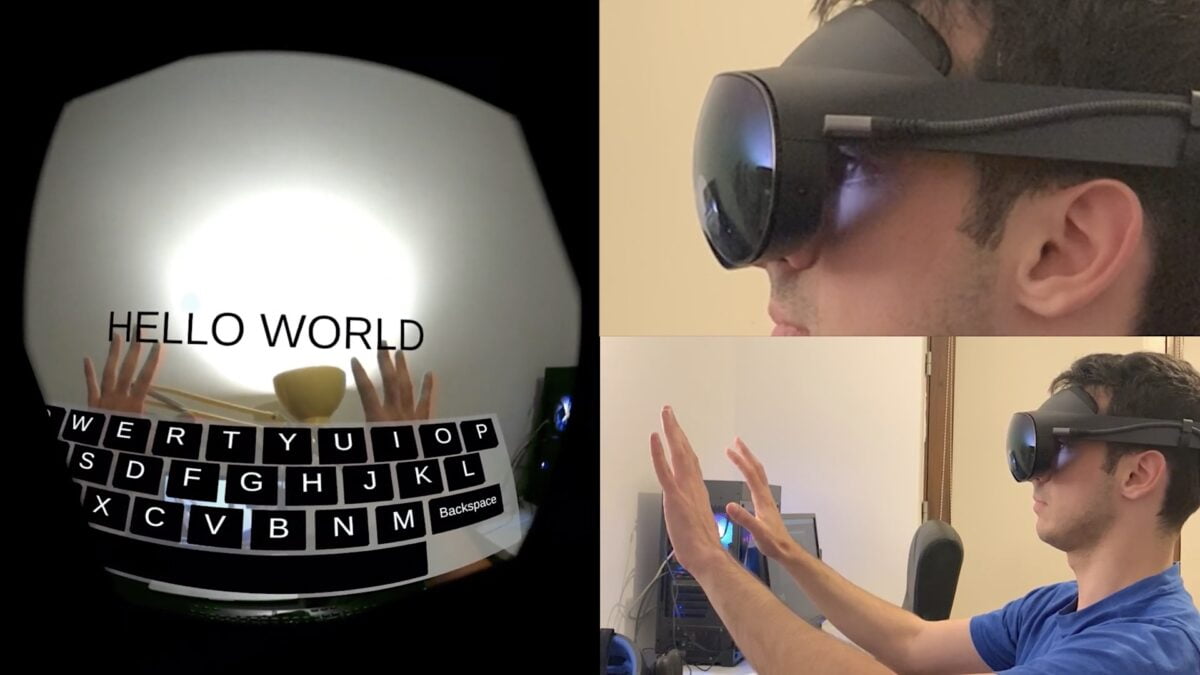 Fabio Dela Antonio mit Quest Pro und leicht ausgestreckten Händen. Zugleich: Blick durch die Meta Quest Pro zeigt ein virtuelles Keyboard und zwei Worte: "Hello World".