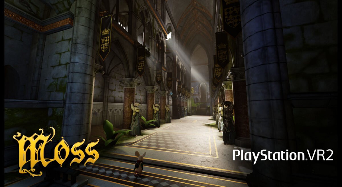 Maus Quill vor einem detaillierten Säulengang im VR-Spiel Moss für Playstation VR 2