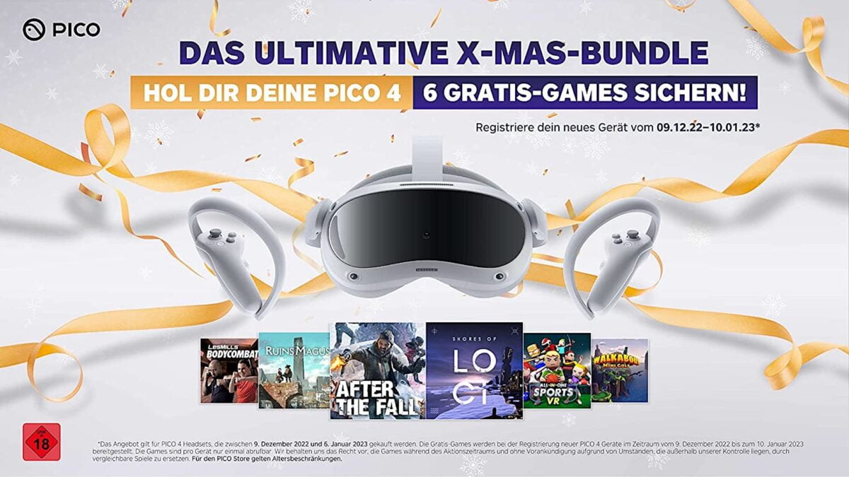 Werbeposter des Pico-4-Holiday-Bundle mit VR-Brille und Gratis-Spielen.