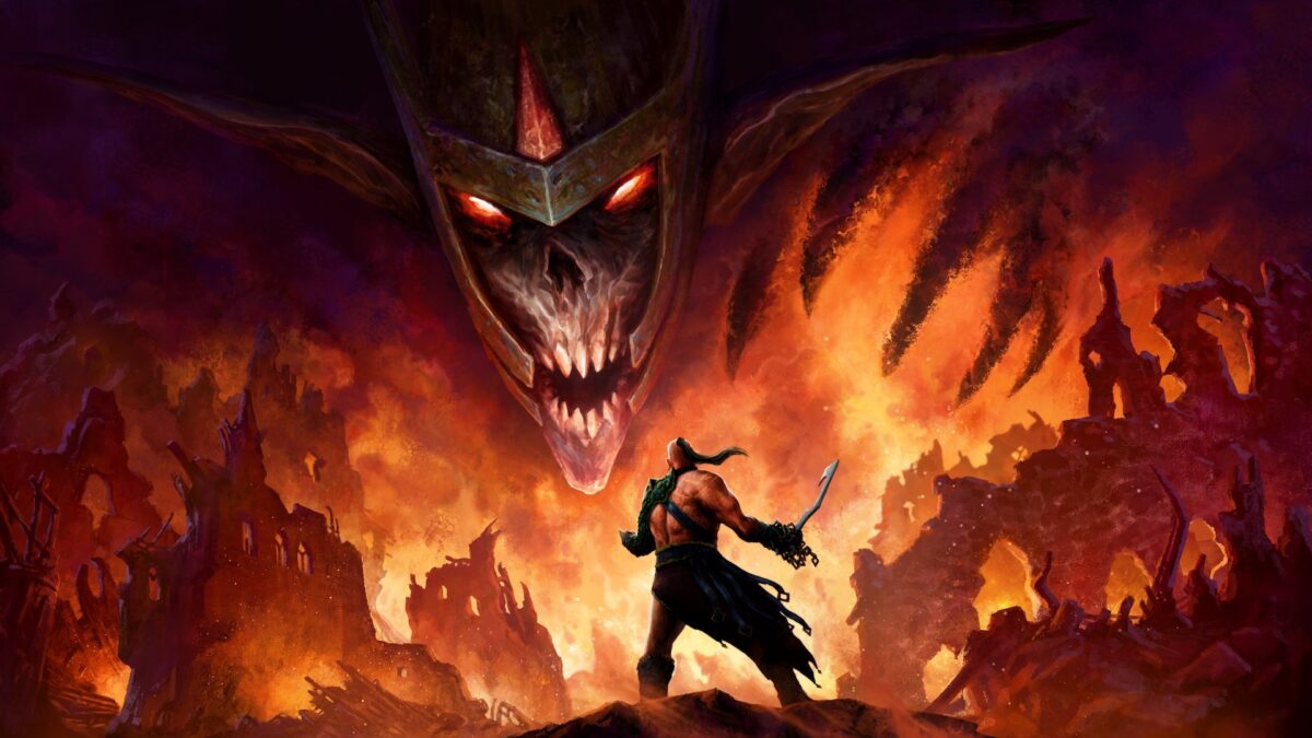 Artwork des Demeo-Abenteuers Reign of Madness zeigt einen Barbaren vor einer brennenden Stadt, darüber ein dämonischer Totenkopf.