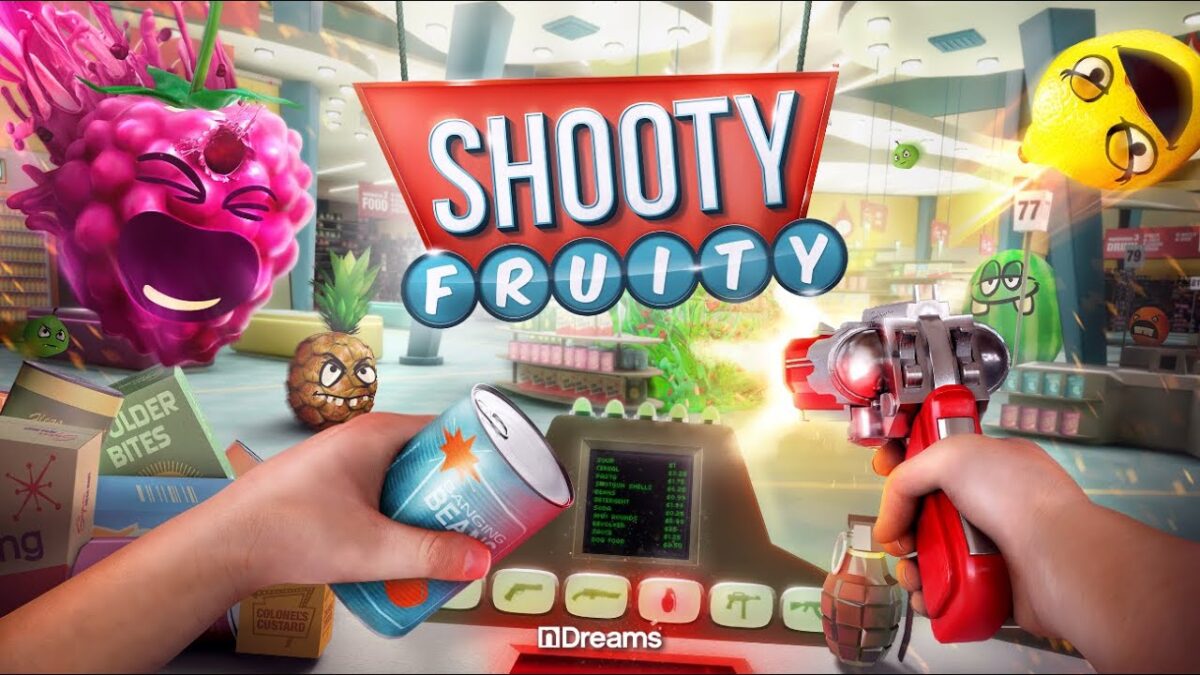 Ein Kassierender schießt im VR-Spiel aus der Ego-Perspektive an der Supermarkt-Kasse auf attackierendes Obst mit Gesichtern.