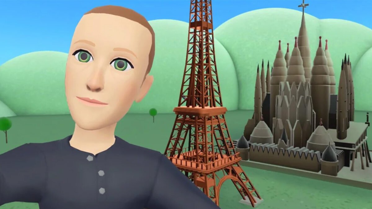 Selfie von Zuckerbergs Horizon-Avatar mit leblosem Gesichtsausdruck vor einer Miniatur des Eiffelturms und der Sagrada Familia, in minimalistischer Grafik.