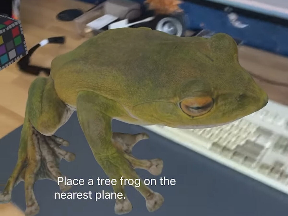 Ein digitaler Frosch sitzt auf einem realen Schreibtisch