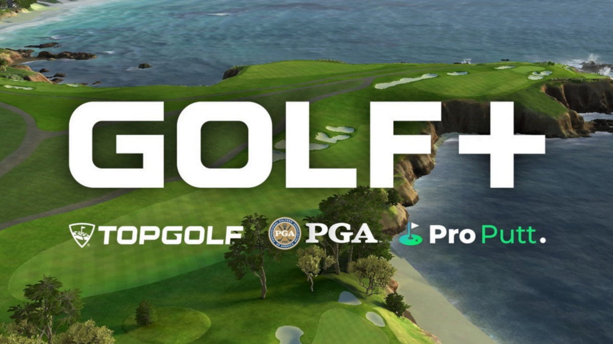 Das Golf+-Logo vor einem Küstenkurs an der Brandung.