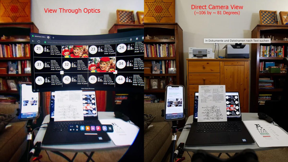 Bildvergleich: Ein Zimmer mit Tisch und Laptop durch Meta Quest Pro gesehen und von einer Canon R5 aufgenommen.