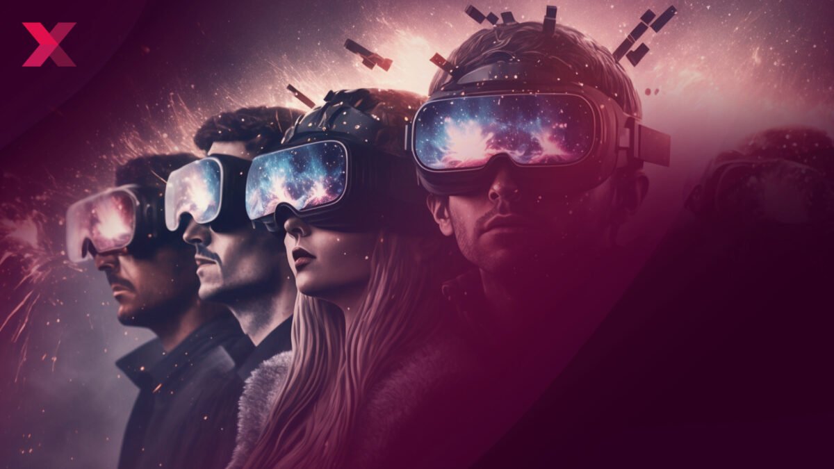 Eine Gruppe von Menschen mit VR-Brillen schaut auf ein Feuerwerk.