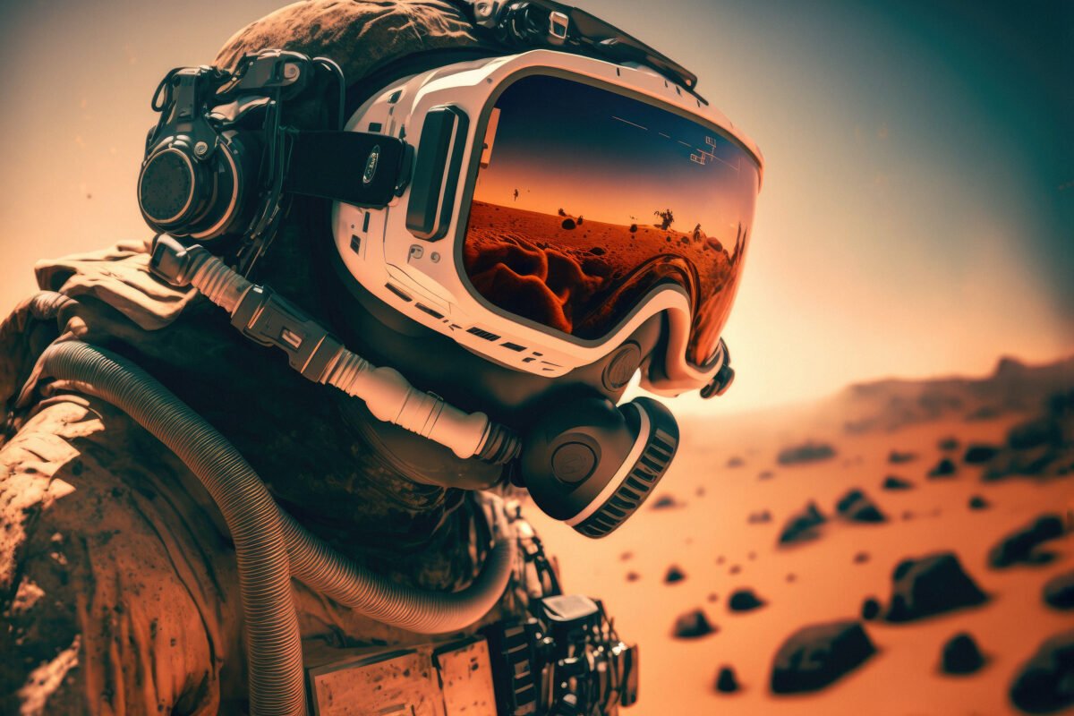 Astronaut:in mit VR-Brille auf dem Mars