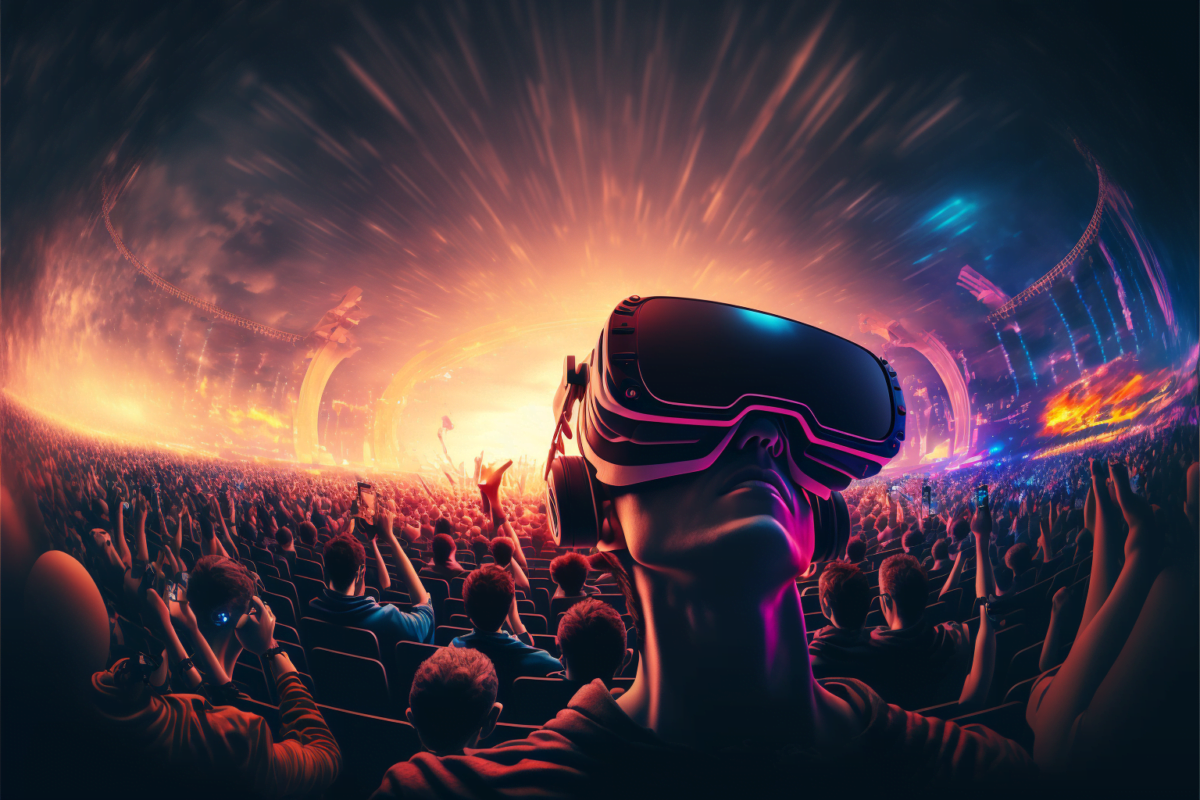 Mann mit VR-Brille vor einem Konzertsaal mit vielen Personen und einem hellen Effekt auf der Bühne
