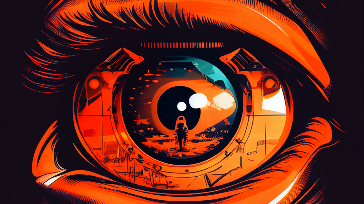 In einem Comic-Auge spiegeln sich Eye-Tracking-Kameras und eine entfernte Figur auf einer Lichtung.