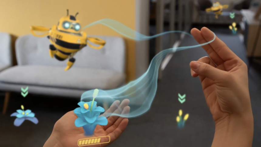 Ein AR-Bild zeigt die nahen Hände scharf und weiter entfernte virtuelle Bienen unscharf.