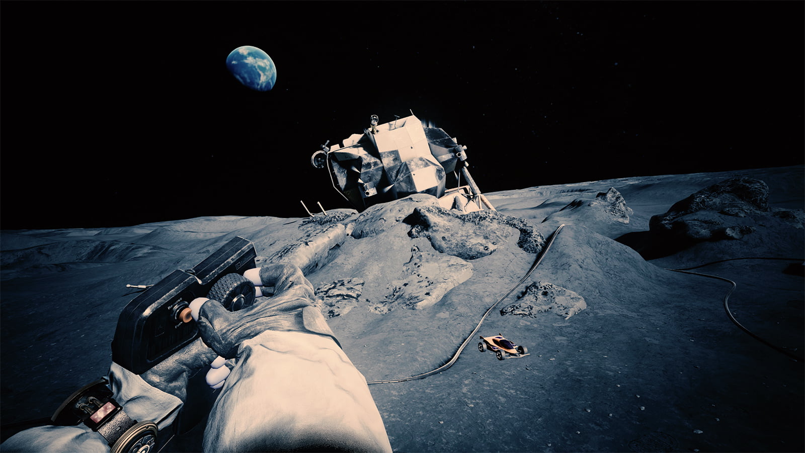 Mondoberfläche mit Lunar-Modul und Erde im Hintergrund