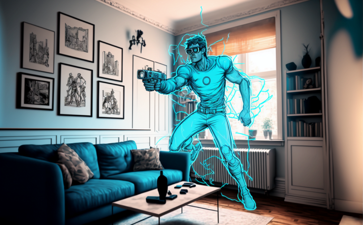Ein digitaler Kämpfer ist ins reale Wohnzimmer eingebettet. Er steht halb hinter der Couch und zielt mit einer Waffe. Er ist von einem blauen Schimmer umgeben.
