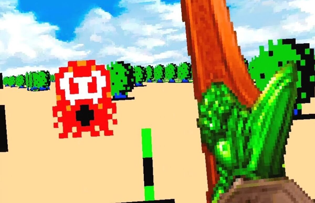 Eine Szene aus dem Ur-Zelda in pixeliger Grafik aus der Ego-Perspektive, man sieht das Zelda-Schwert und ein Monster, das Steine spuckt.