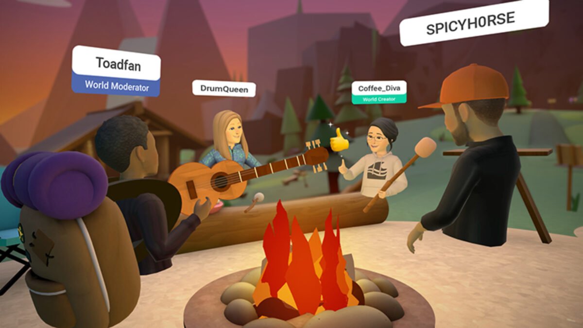 Eine Gruppe Avatare sitzt an einem virtuellen Lagerfeuer in der Social-VR-App Horizon Worlds.