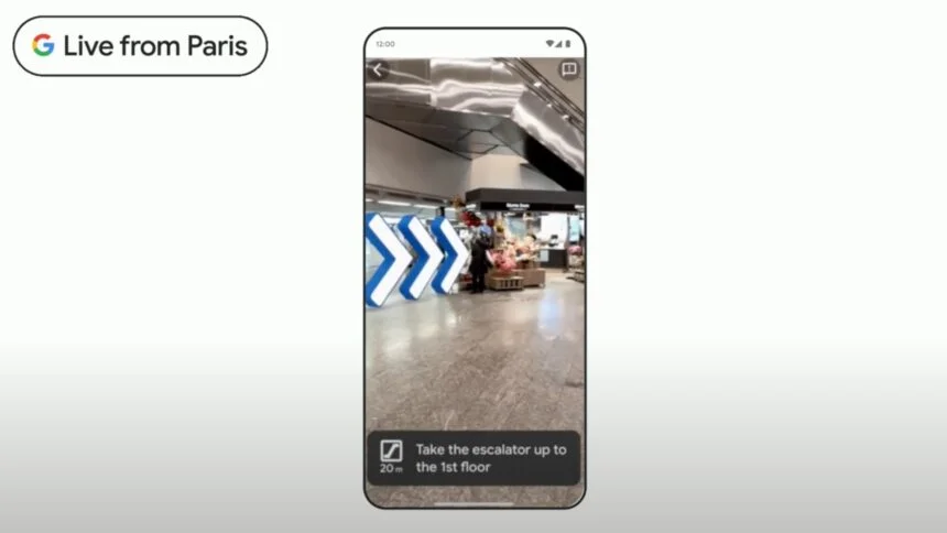 Google Maps Indoor View shows a directional arrow in an AR overlay.
