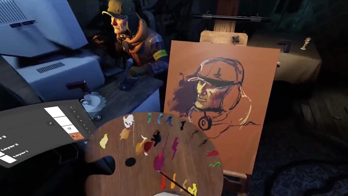 Liz Edwards malt Russell aus Half-Life: Alyx mithilfe eines Vermillion-Overlays direkt im VR-Spiel.
