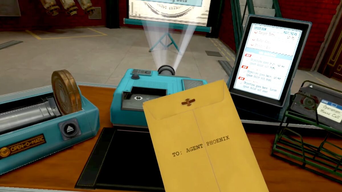 Briefing Room des VR-Spiels mit Schreibtisch, Projektor und geheimer Nachricht in einem großen Kuvert.