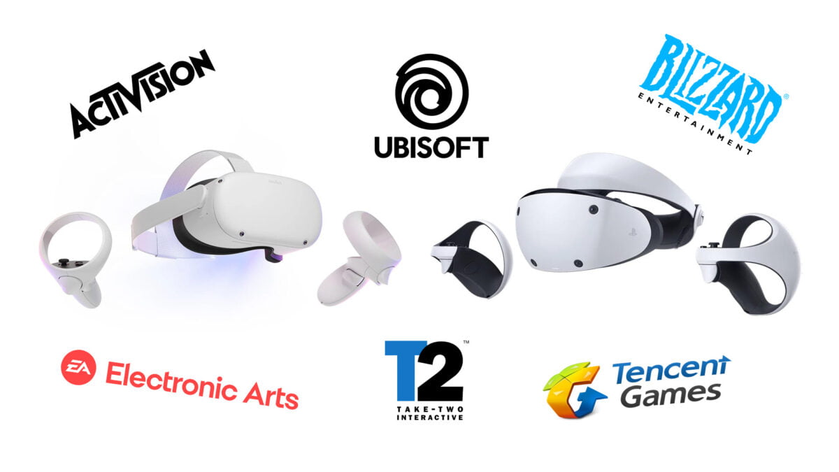 Meta Quest 2 und Playstation VR 2 vor weißem Hintergrund, umgeben von Publisher-Logos.