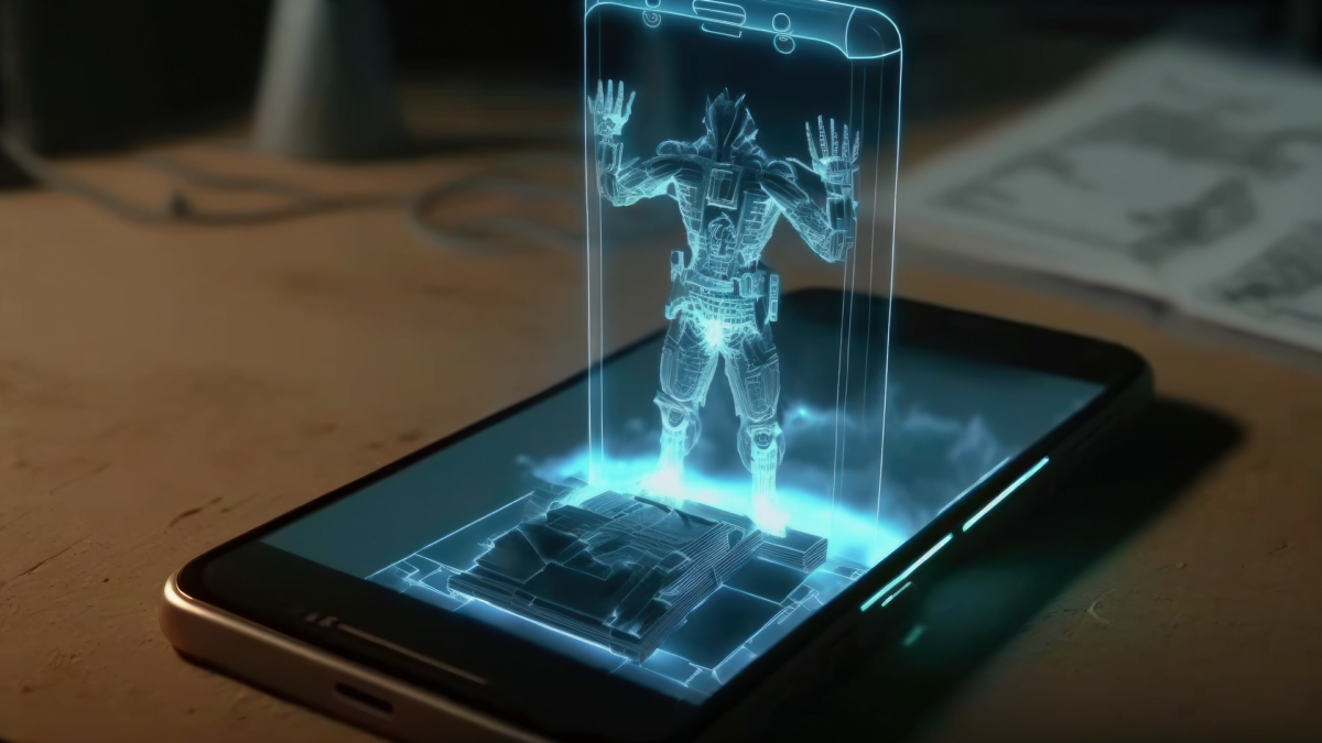 Smartphone auf einem Tisch, ein Hologramm mit einer humanoiden Figur kommt aus dem Bildschirm