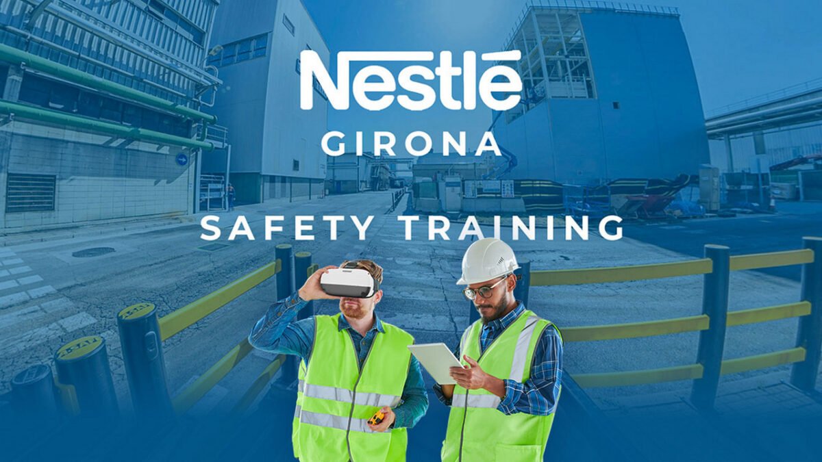 Zwei Mitarbeitende von Nestlé vor dem Hintergrund der Fabrik in Girona, einer hat eine VR-Brille auf, der Text im Bild lautet: Nestlé Girona, Safety Training