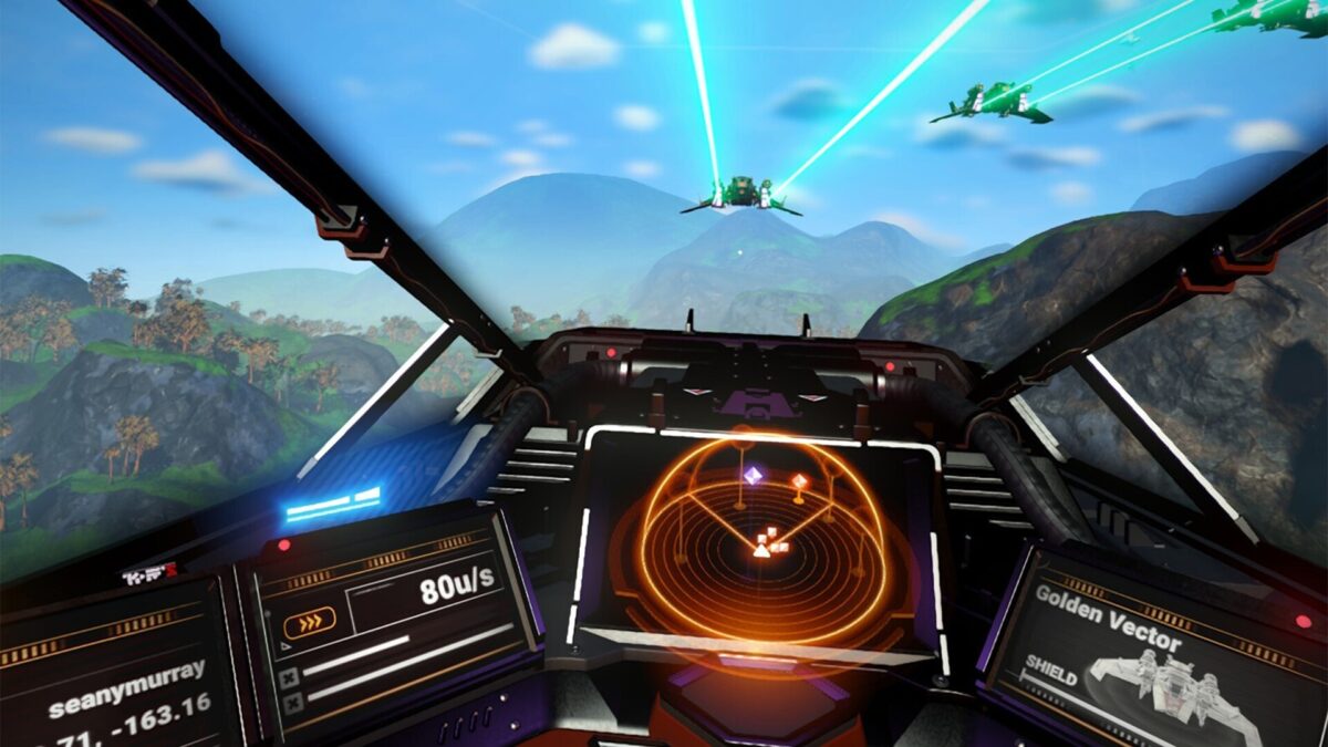 Die Cockpit-Ansicht in einem Raumschiff im Videospiel No Man’s Sky VR.