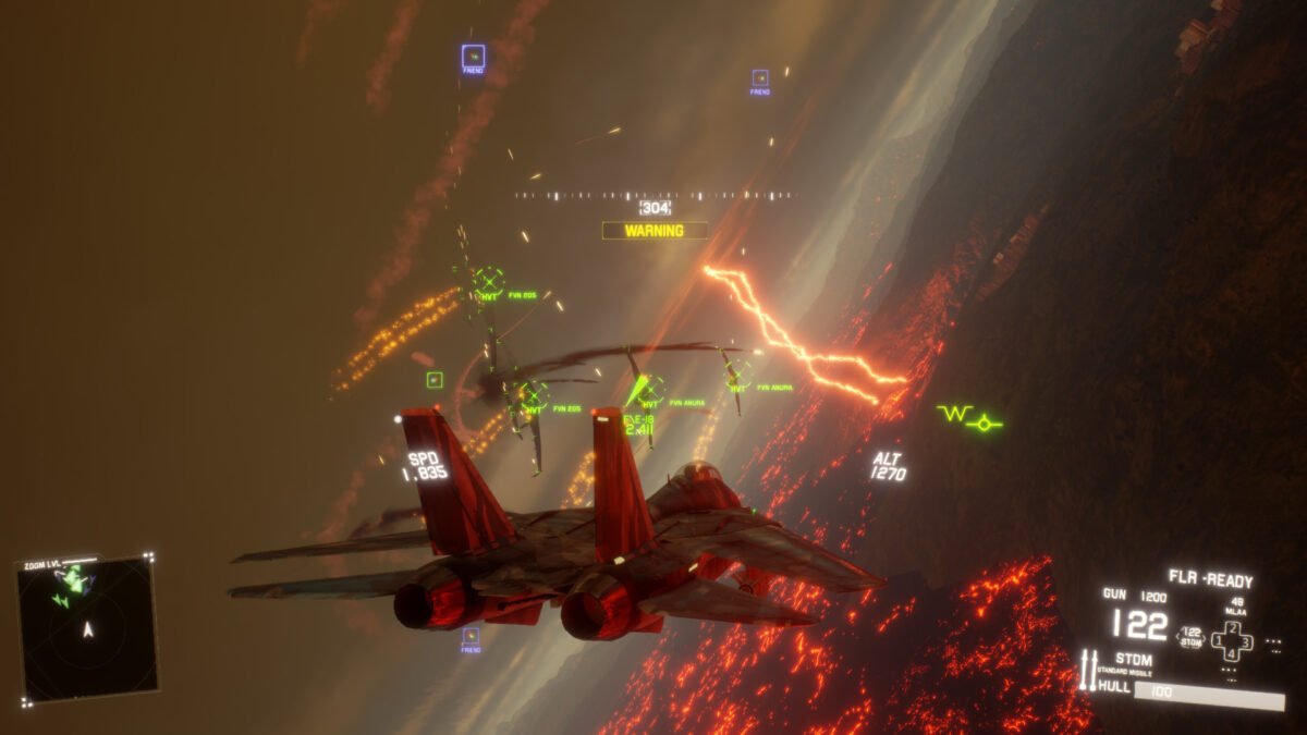 Ein Kampfjet fliegt über Lava auf Blitze zu.