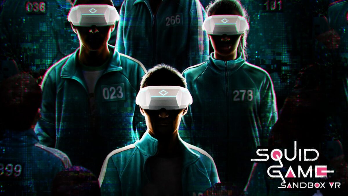 In einem Squid Game VR von Sandbox VR tragen die Menschen stilisierte VR Brillen.