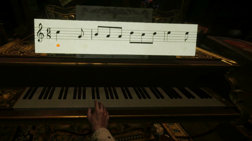 Virtuelle Hände spielen auf der Klaviatur eines Flügels.