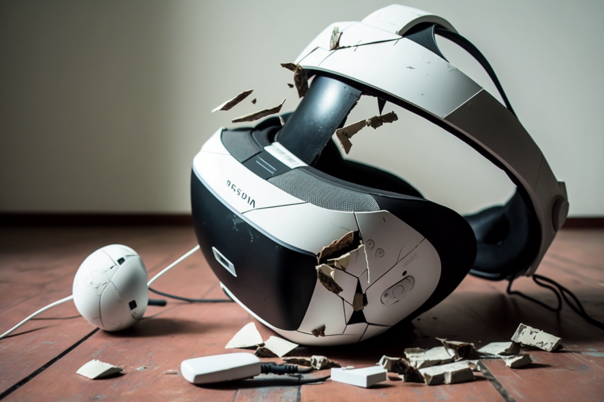 Eine zerbrochene VR-Brille eines unbekannten Herstellers liegt auf dem Boden. Das Bild ist KI-generiert.