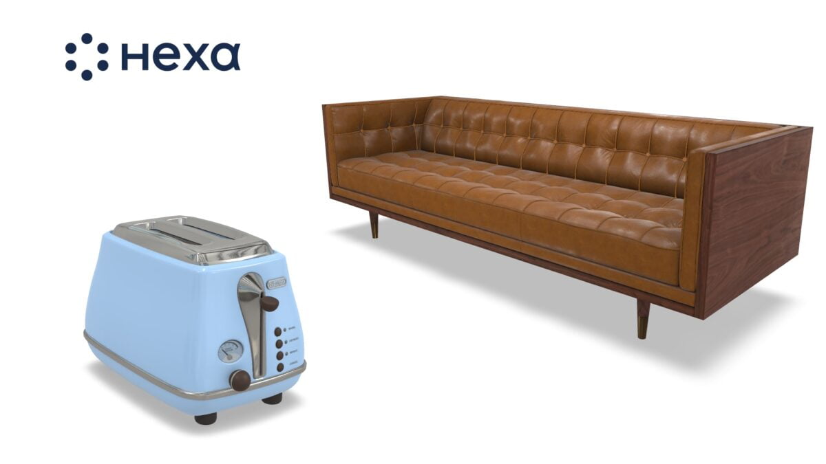 Unter dem Hexa-Logo erscheinen 3D-Modelle eines Sofas und eines Toasers.