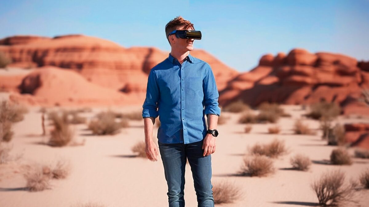 Ein VR-Gamer steht in einer Wüsteneinöde.